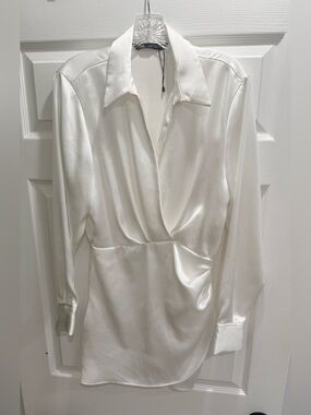 Zara White Satin Effect Draped Wrap Shirt/ Dress mini size med.